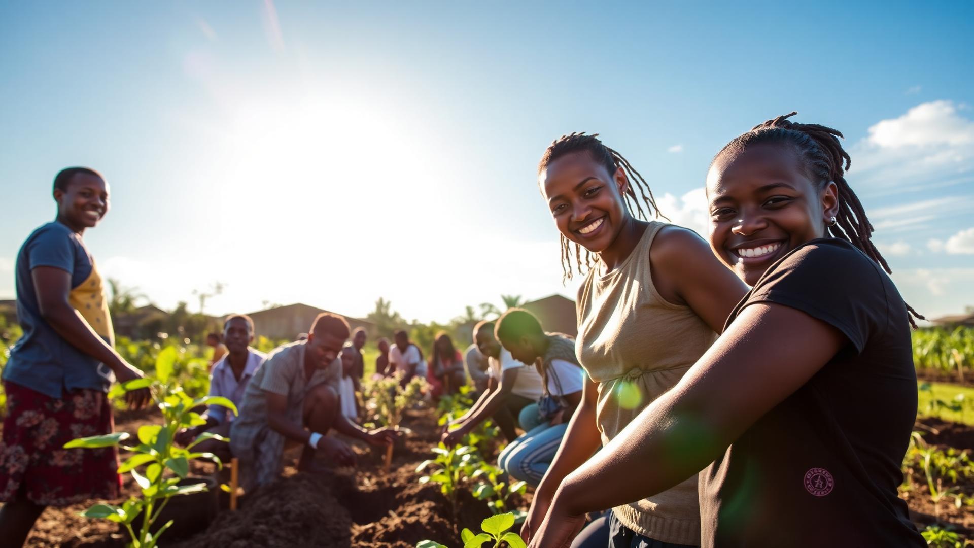 Community members planting and building together in warm sunlight